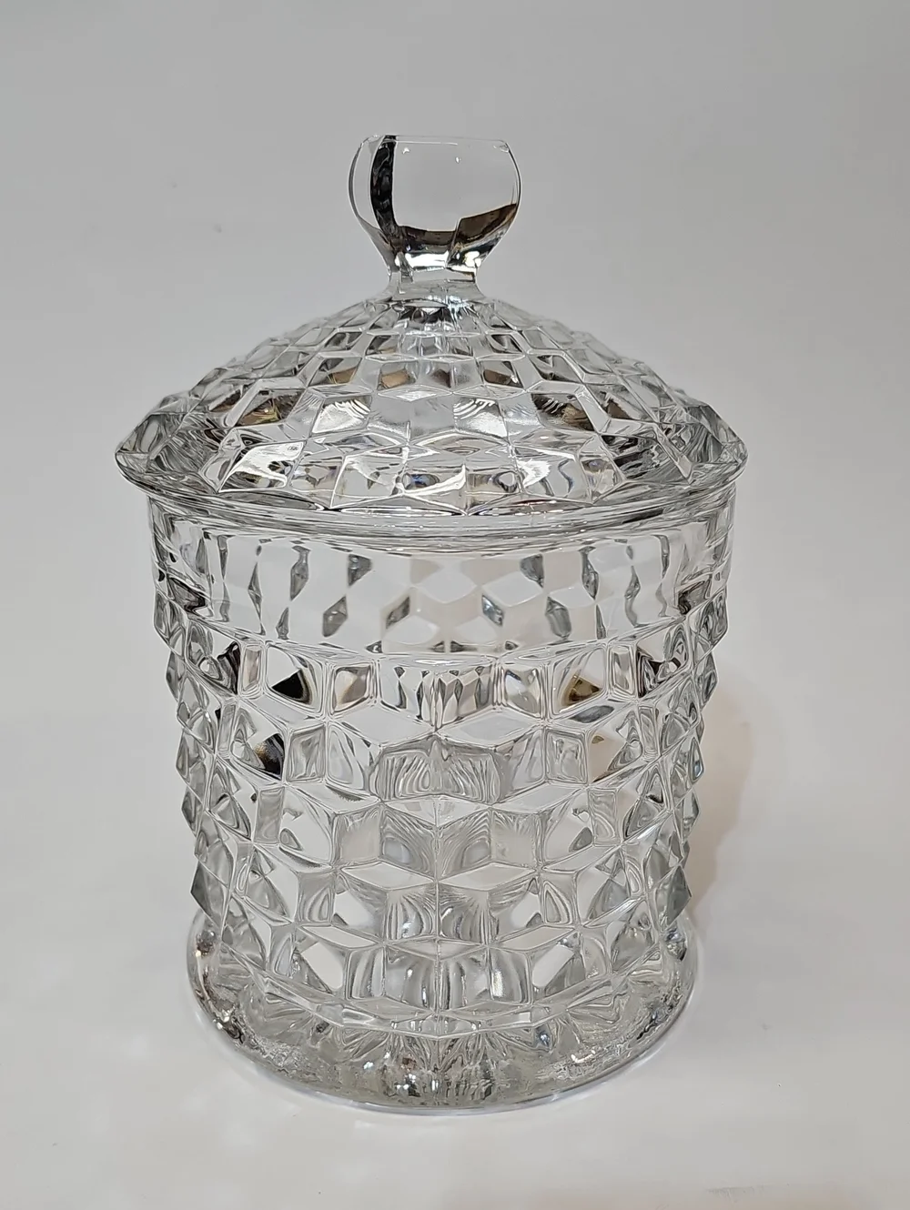 Vintage Fostoria American Clear Cube Motif Pressed Glass Cookie Jar & Lid